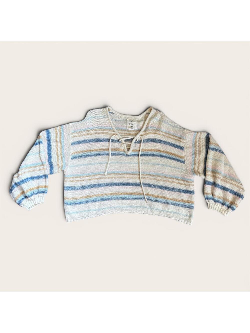 Billabong Striped Cropped Sweater with Lace-up Neck